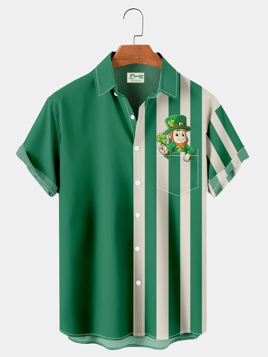 Royaura Green St. Patrick's Day Shamrock Stripe Print Breast Pocket Holiday Shirt Plus Size Shirt