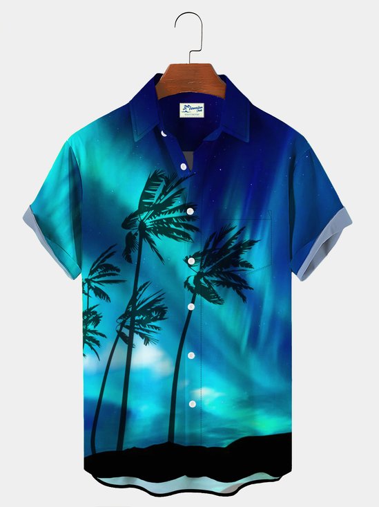 Royaura Aurora Ombre Coconut Tree Breast Pocket Hawaiian Shirt Plus Size Resort Shirt