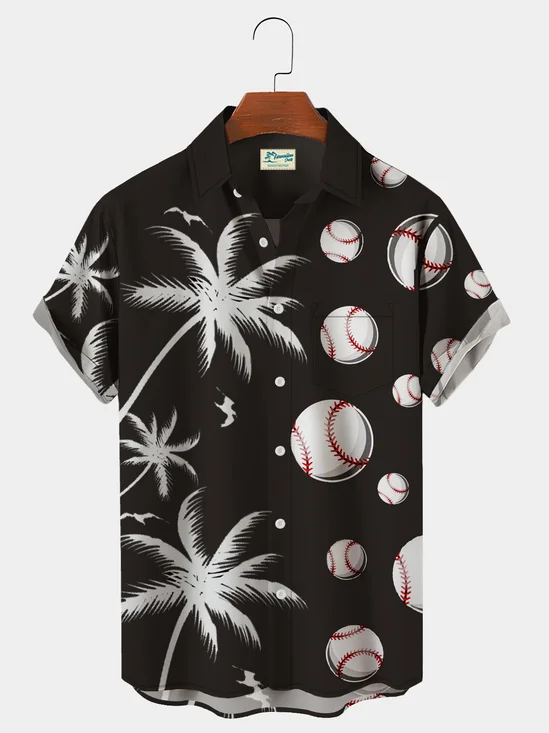 Royaura Black Hawaiian Coconut Tree Baseball Print Chest Bag Shirt Plus Size Holiday Shirt