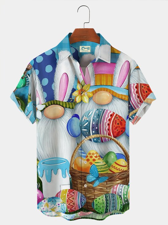 Royaura Holiday Casual Easter Men's Hawaiian Shirts Bunny Cartoon Egg Art Stretch Plus Size Aloha Shirts