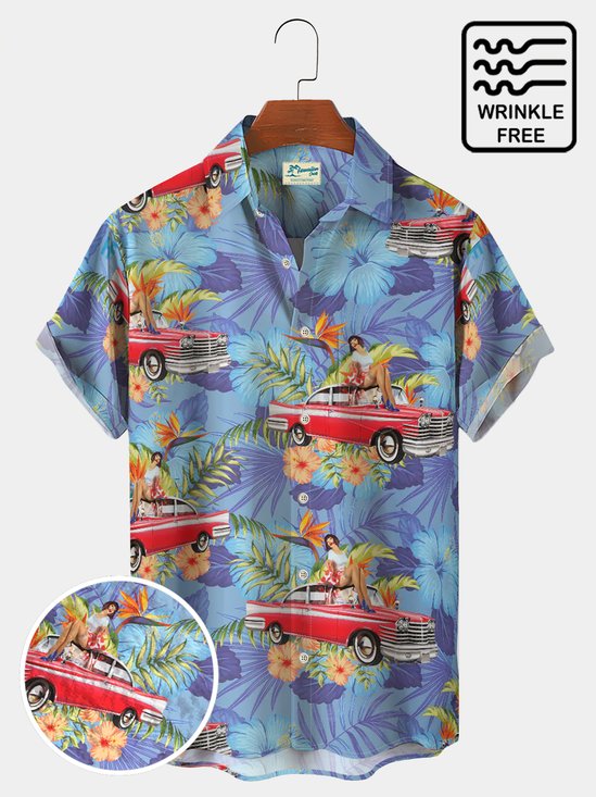 Royaura Vintage 50's Car Coconut Tree Beach Hawaiian Shirt Plus Size Vacation Wrinkle-Free Shirt