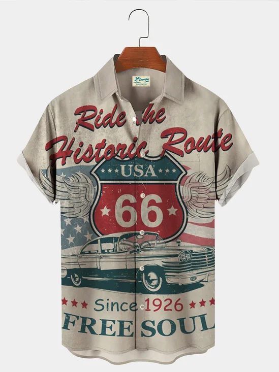 Royaura 50's Vintage Casual Route 66 Men's Hawaiian Shirt Stretch Oversized Aloha Button Shirts