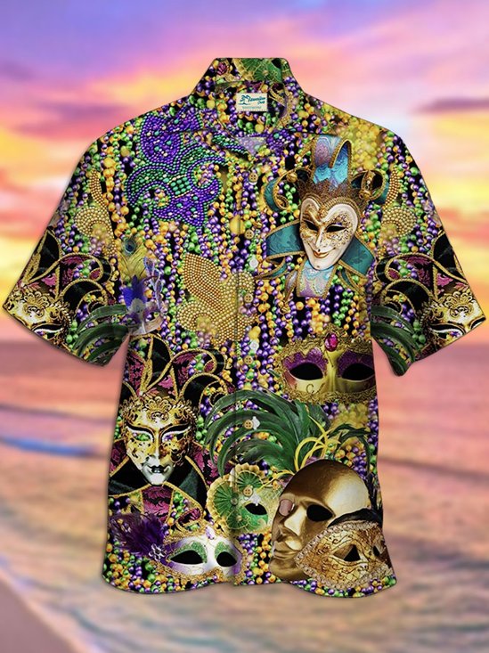 Royaura Holiday Mardi Gras Men's Hawaiian Shirts Clown Mask Art Stretch Plus Size Aloha Shirts
