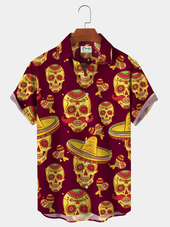 Royaura Cinco de Mayo Skull Straw Hat Print Chest Bag Shirt Plus Size Shirt
