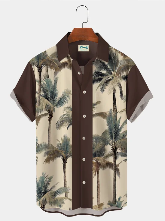Royaura Vintage Hawaiian Coconut Tree Print Men's Black Chest Bag Shirt Plus Size Shirt