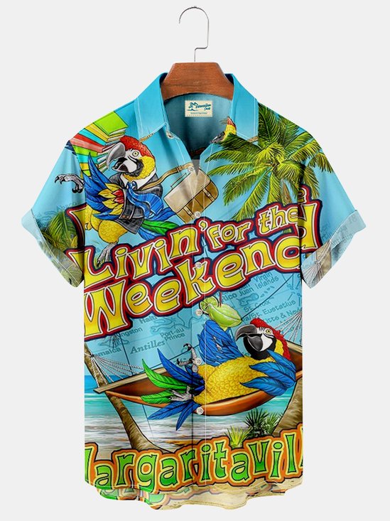 Royaura Blue Hawaiian Parrot Print Men's Chest Bag Holiday Shirt Plus Size Shirt