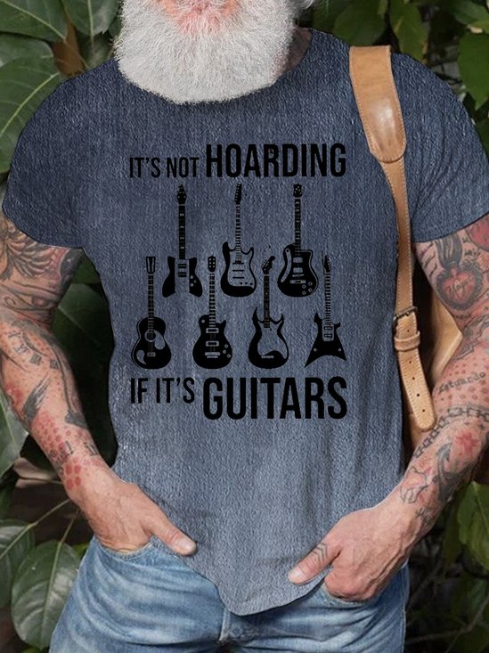 Royaura Men's It Is Not Hoarding If It’S Guitars Funny Graphic Print Casual Text Letters Crew Neck Loose T-Shirt