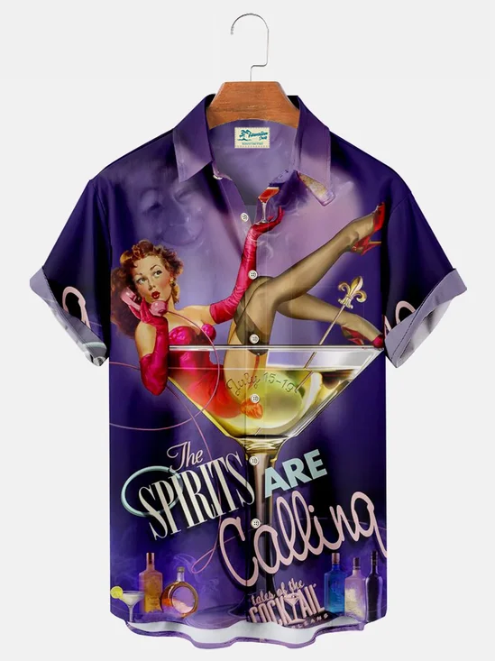 Royaura Purple Cocktail Belle Print Breast Pocket Shirt Plus Size Shirt