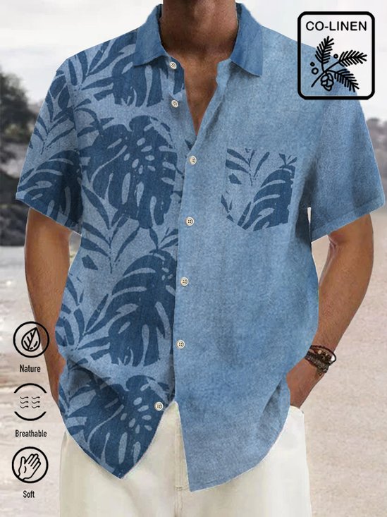 Royaura Blue Nature  Fiber Hawaiian Leaf Print Breast Pocket Vacation Shirt Plus Size Hawaiian Shirt