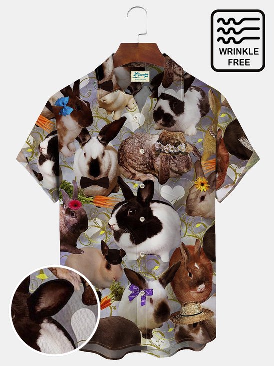 Royaura Easter Men's Hawaiian Shirt Bunny Art Seersucker Wrinkle Free Stretch Oversized Holiday Casual Aloha Shirts