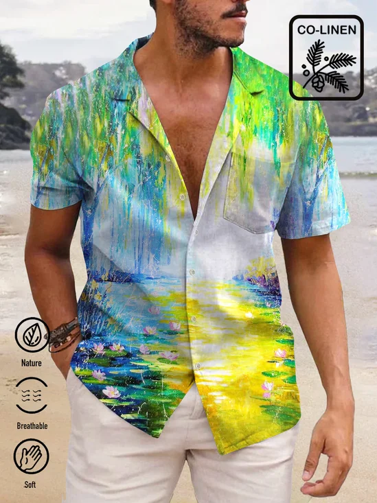 Royaura Hawaiian oil painting flower print chest pocket holiday shirt oversized shirt