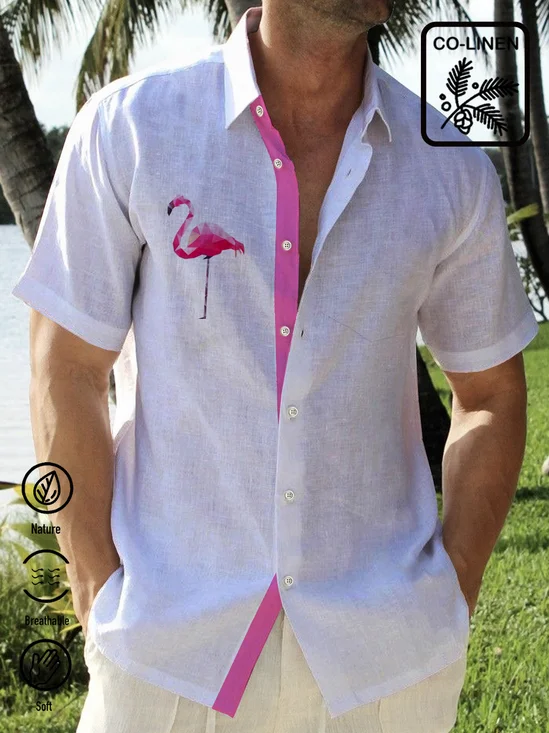 Royaura White Natural Fiber Flamingo Print Chest Bag Hawaiian Shirt Plus Contrast Shirt