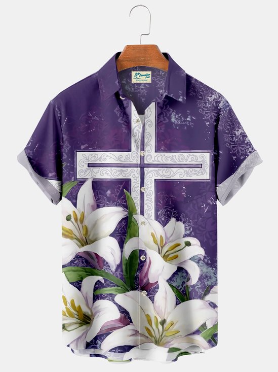 Royal Holiday Easter Cross Lily Men's Holiday Shirt Plus Cross Lily Print Shirt
