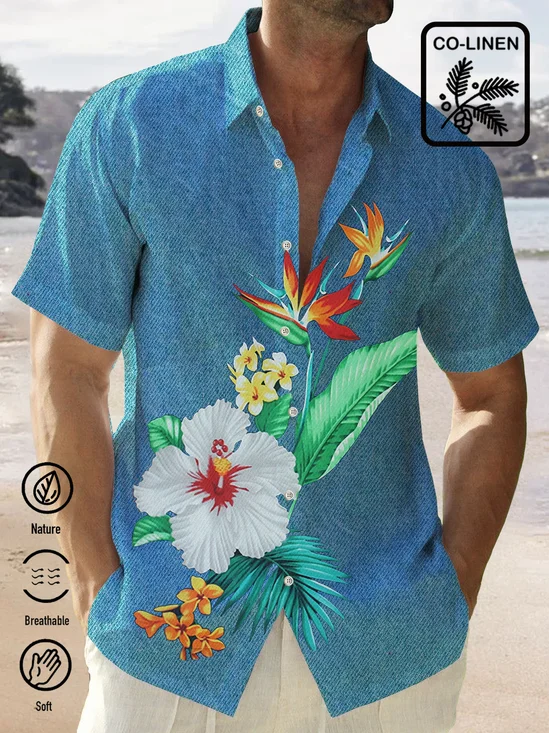 Royaura Comfortable Hemp Flower Lily Hawaiian Button Shirt