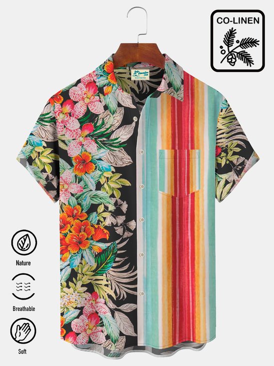 Royaura Beach Vacation Tropical Flowers wWith Colorful Stripes Men's Hawaiian Shirt Plus Size Aloha Shirts