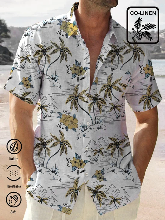 Royaura Beach Vacation Ramie Comfortable Coconut Trees Men's Hawaiian Lsland Flower Shirt  Plus Size Aloha Shirts