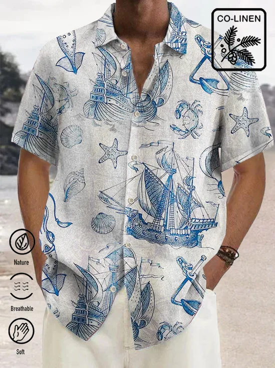 Royaura Comfortable and hemp sailboat marine life retro button shirt