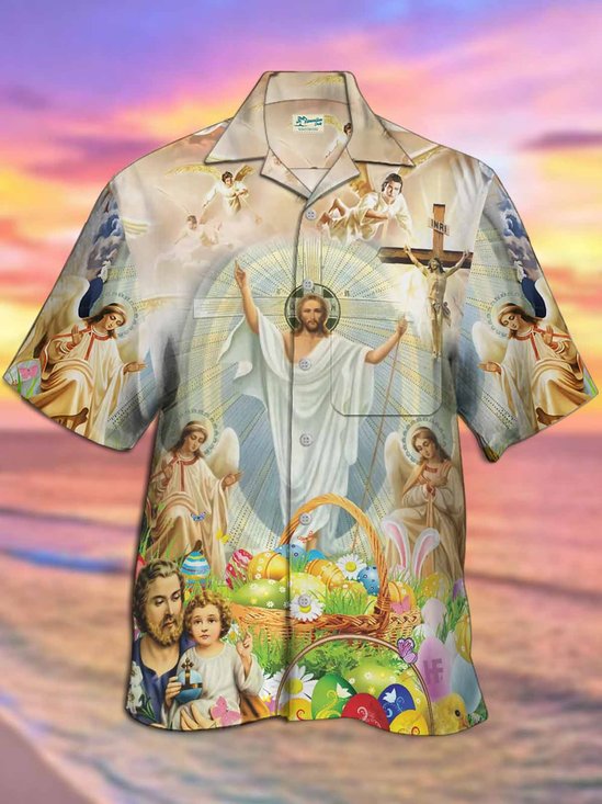 Royaura Holiday Easter Easter Egg Cross Jesus Hawaiian Oversized Aloha Shirt