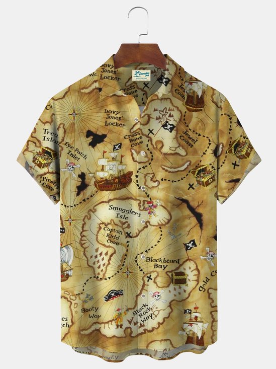 Royaura Vintage Skull Pirate Treasure Map Print Men's Vacation Hawaiian Big and Tall Aloha Shirt