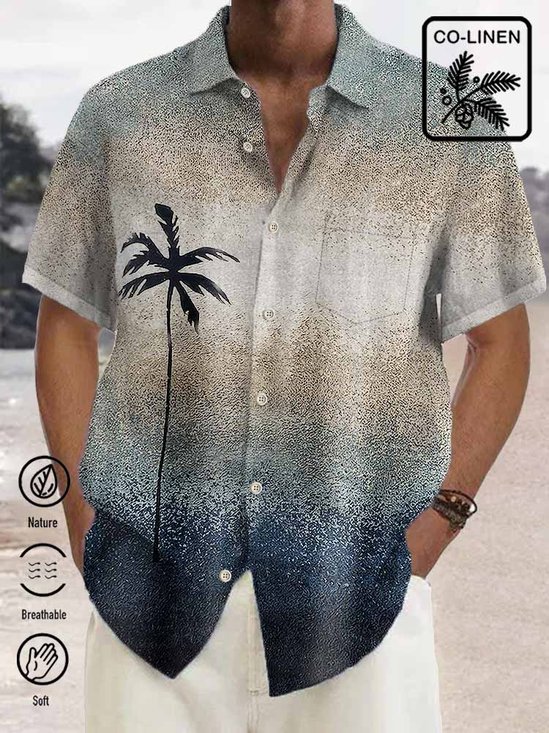 Royaura Comfortable hemp coconut tree gradient men's Hawaiian button shirt