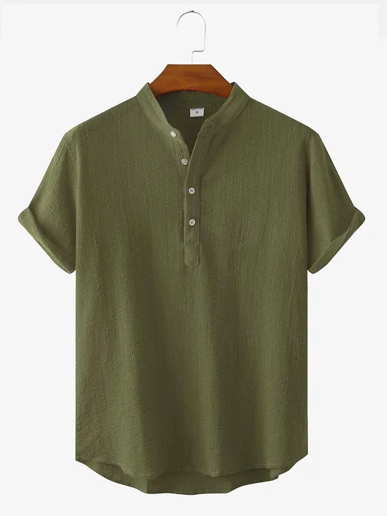 Royaura® Cotton Linen Natural Fiber Plain Standing Collar Men's Casual Breathable Button Hawaii Shirt