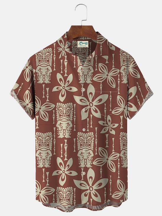 Royaura TIKI Plumeria Print Beach Men's Vacation Hawaiian Big and Tall Aloha Shirt