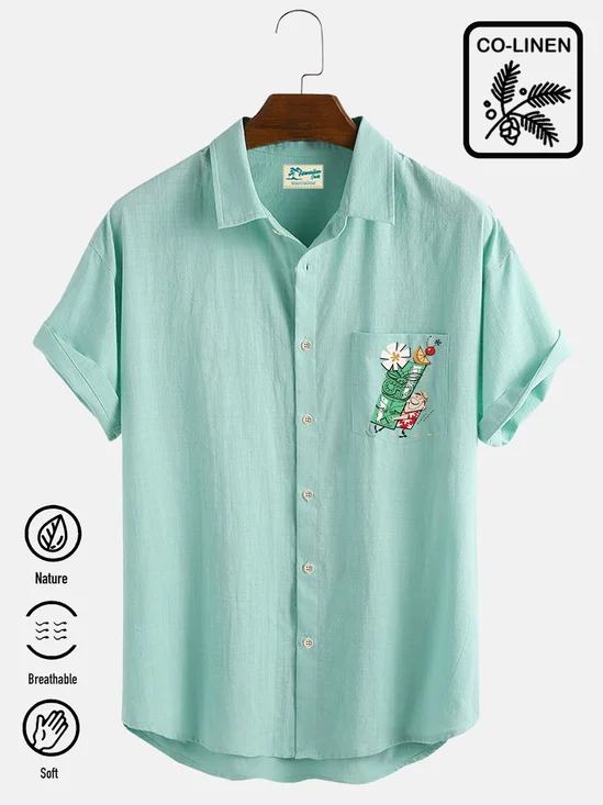 Royaura® Cotton Linen Natural Fiber Basic Casual TIKI Print Beach Men's Vacation Hawaiian Big and Tall Aloha Shirt