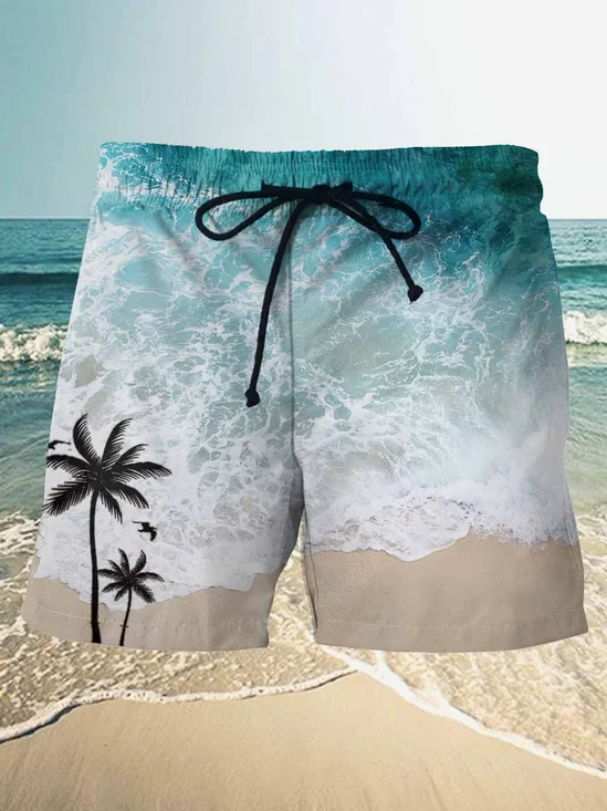 Royaura Hawaiian Wave Water Ripple Coconut Tree Men's Beach Pants Moisture Wicking Shorts