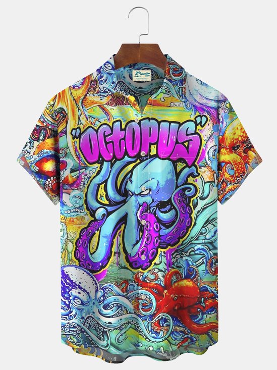 Royaura Octopus Hippie Ocean Print Beach Men's Vacation Hawaiian Big and Tall Aloha Shirt