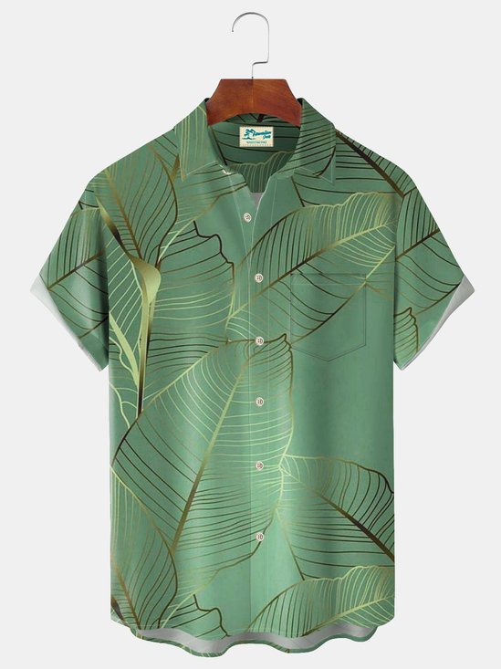 Royaura Beach Vacation Golden Banana Leaves Men's Hawaii Button Pocket Plus Size Shirt