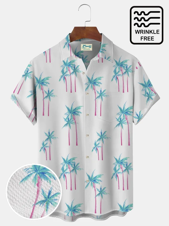 Royaura Beach Vacation Men's Coconut Tree Hawaiian Shirts Stretch Anti-Wrinkle Seersucker Plus Size Holiday Shirts
