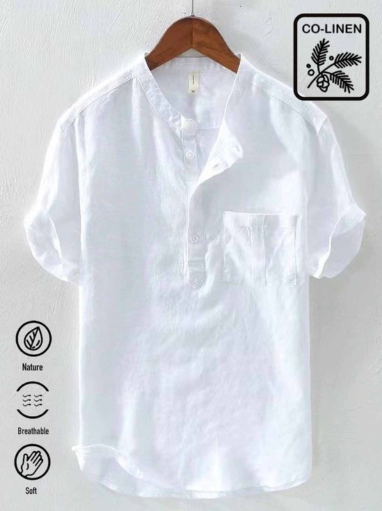 Royaura Natural Fiber Stand Collar Men Button Pocket Shirt