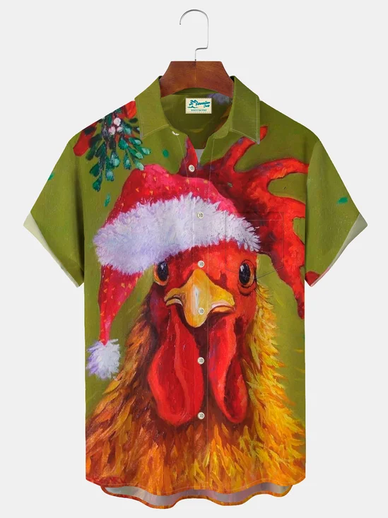 Royaura Retro Santa Hat Cock Christmas Party Men's Art Button Pocket Plus Size Shirt