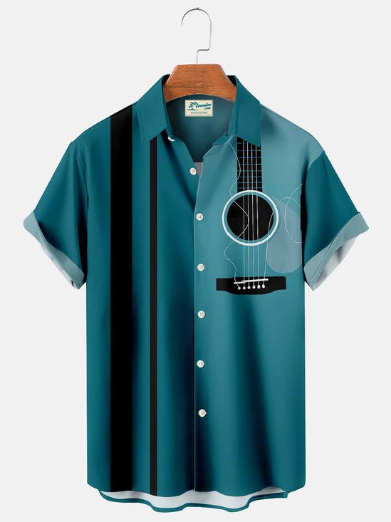 Royaura Musical Instrument Guitar Vintage Bowling Print Men's Button Pocket Shirt