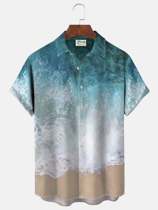 Royaura Beach Wave Print Men's Vacation Hawaii Big And Tall Aloha Shirt
