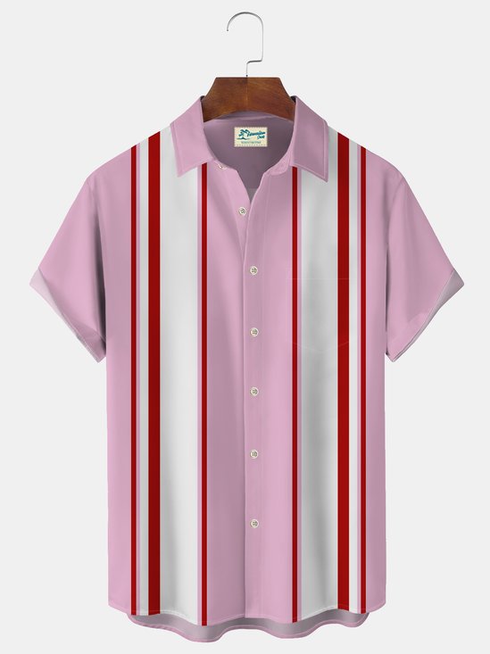 Royaura 60‘s Pink Vintage Men's Bowling Shirts Stripe Plus Size Stretch Hawaiian Art Shirts