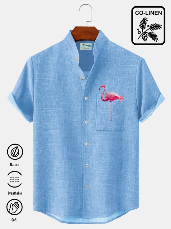 Royaura Natural Fiber Hawaiian Flamingo Stand Collar Men's Button Down Pocket Shirt