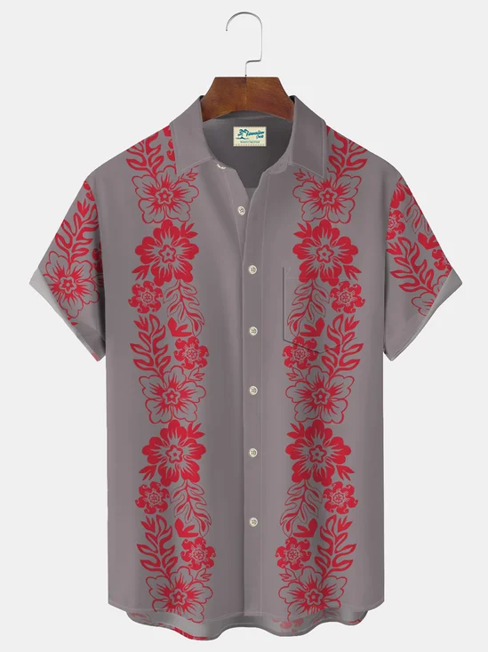 Beach Holiday Gray Men's Guayaberas Shirt Vintage Floral Stretch Oversized Hawaiian Camp Shirts