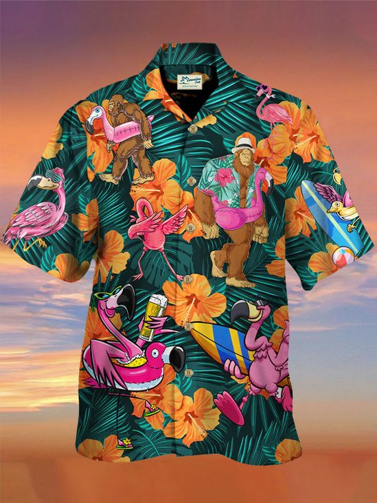 Royaura Beach Vacation Bigfoot Men's Hawaiian Shirts Stretch Tropical Surf Floral Plus Size Camp Shirts