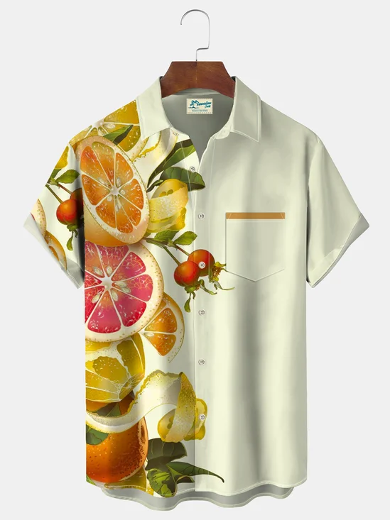 Royaura Vintage Bowling Fruit Print Beach Men's Hawaiian Big&Tall Shirt With Pocket