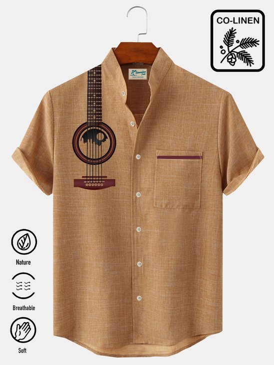 Royaura Vintage Musical Instrument Print Men's Stand Collar Button Pocket Shirt
