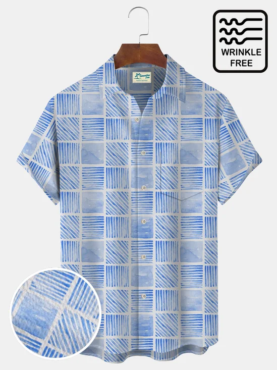 Royaura Vintage Medieval Geometric Light Blue Men's Short Sleeve Shirt Art Wrinkle Free Seersucker Camp Pocket Shirts