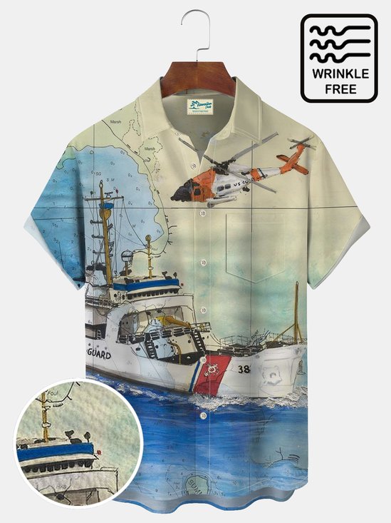 Royaura Vintage Nautical Map Airplane Men's Button Pocket Shirt