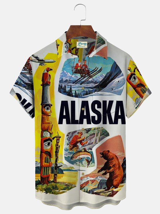 Royaura Holiday Casual Totem Pole Alaska Men's Hawaiian Shirt Stretch Big & Tall Aloha Camp Shirts