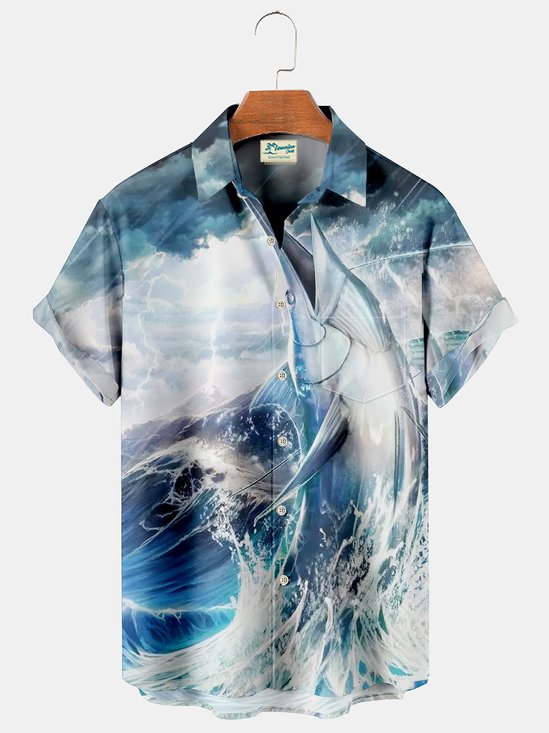 Royaura Hawaiian Wave Fish Men's Button Down Pocket Shirt