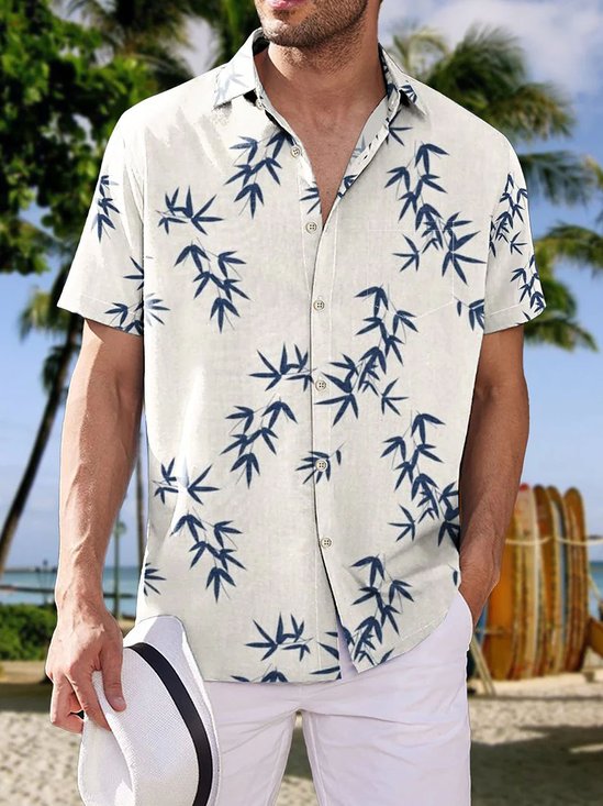 Royaura Hawaiian Plant Bamboo Print Men's Button Pocket Shirt
