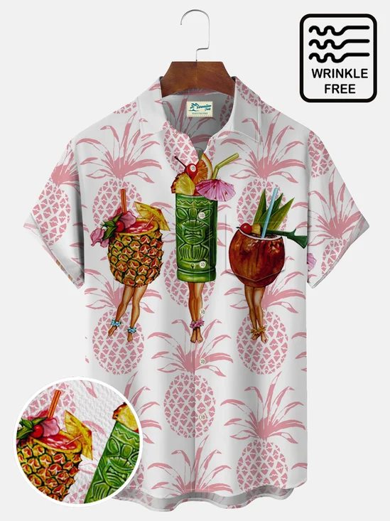 Royaura Beach Holiday Pink TIKI Pineapple Hawaii Men's Art Shirts Seersucker Wrinkle Free Breathable Aloha Camp Shirts