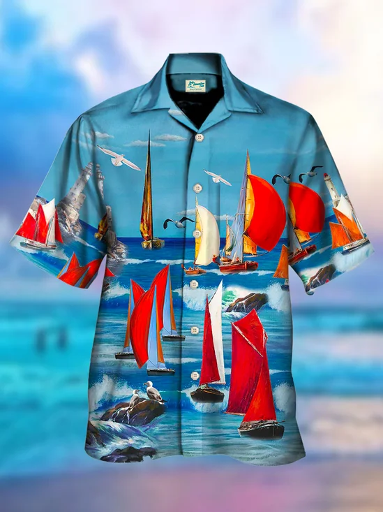 Royaura Sail Boat Print Beach Men's Hawaiian Oversized Shirt With Pocket