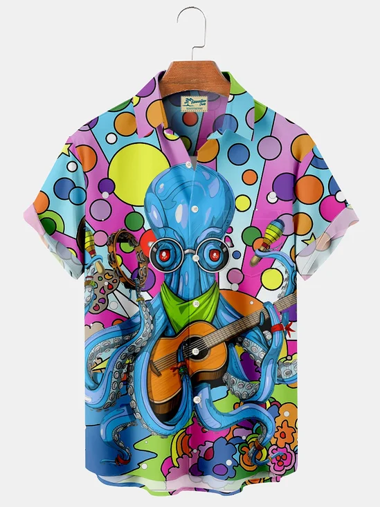 Royaura Music Hippie Octopus Print Men's Button Pocket Shirt