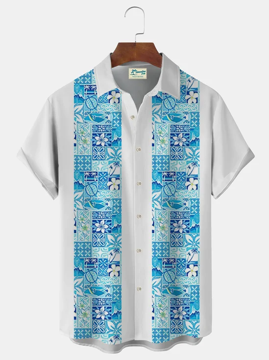 Royaura Vintage Bowling Coconut Palm Print Beach Men's Hawaiian Oversized Shirt With Pocket